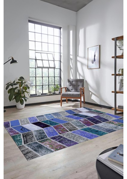 Dijital Kaymaz Taban Yıkanabilir Patchwork Desen Yolluk Mutfak Salon Halısı, Patchwork-10-Mavi,