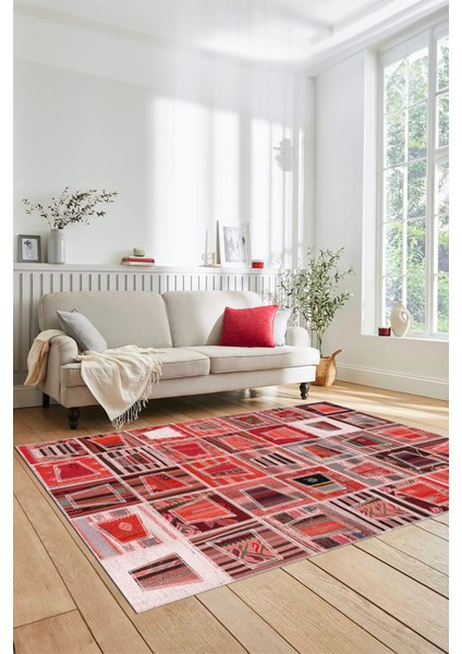 Dijital Kaymaz Taban Yıkanabilir Patchwork Desen Yolluk Mutfak Salon Halısı, Patchwork-11-Kırmızı,