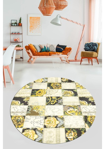 Baskılı Kaymaz Yıkanabilir Patchwork Desen Yuvarlak Mutfak Salon Halısı, Y-Patchwork-19-Sarı, indirimleri