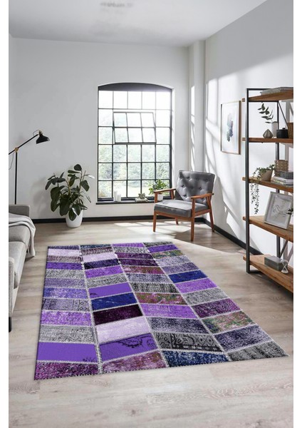 Dijital Kaymaz Taban Yıkanabilir Patchwork Desen Yolluk Mutfak Salon Halısı, Patchwork-10-Mor,