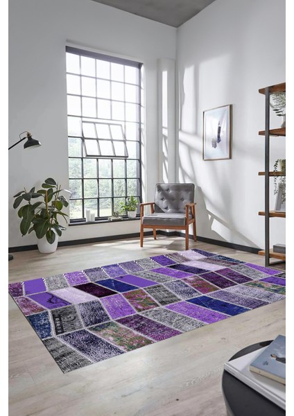 Dijital Kaymaz Taban Yıkanabilir Patchwork Desen Yolluk Mutfak Salon Halısı, Patchwork-10-Mor,