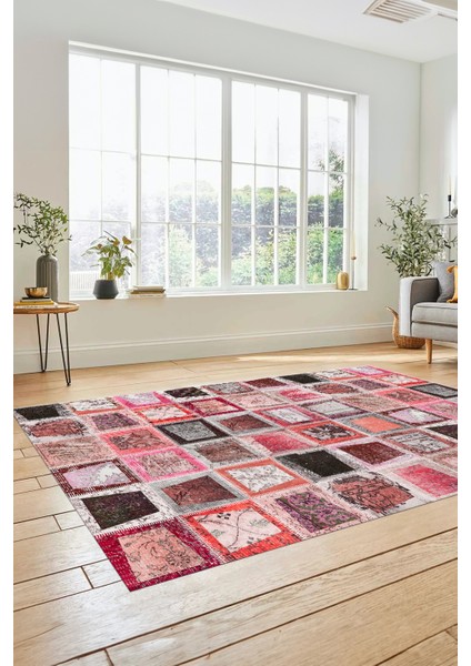 Dijital Kaymaz Taban Yıkanabilir Patchwork Desen Yolluk Mutfak Salon Halısı, Patchwork-14-Kırmızı,