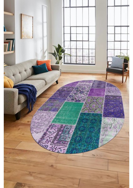 Baskılı Kaymaz Taban Yıkanabilir Patchwork Desen Oval Yolluk Salon Halısı, O-Patchwork-01-Mor,