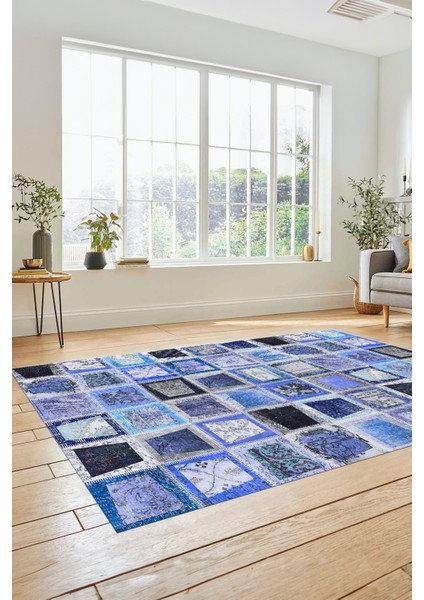 Dijital Kaymaz Taban Yıkanabilir Patchwork Desen Yolluk Mutfak Salon Halısı, Patchwork-14-Mavi,