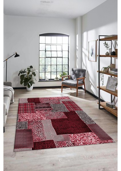 Dijital Kaymaz Taban Yıkanabilir Patchwork Desen Yolluk Mutfak Salon Halısı, Patchwork-15-Kırmızı,