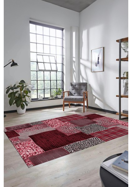 Dijital Kaymaz Taban Yıkanabilir Patchwork Desen Yolluk Mutfak Salon Halısı, Patchwork-15-Kırmızı,