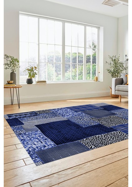 Dijital Kaymaz Taban Yıkanabilir Patchwork Desen Yolluk Mutfak Salon Halısı, Patchwork-15-Mavi,