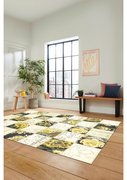Dijital Kaymaz Taban Yıkanabilir Patchwork Desen Yolluk Mutfak Salon Halısı, Patchwork-19-Sarı, modelleri