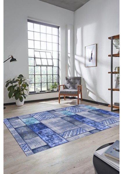 Dijital Kaymaz Taban Yıkanabilir Patchwork Desen Yolluk Mutfak Salon Halısı, Patchwork-18-Mavi,