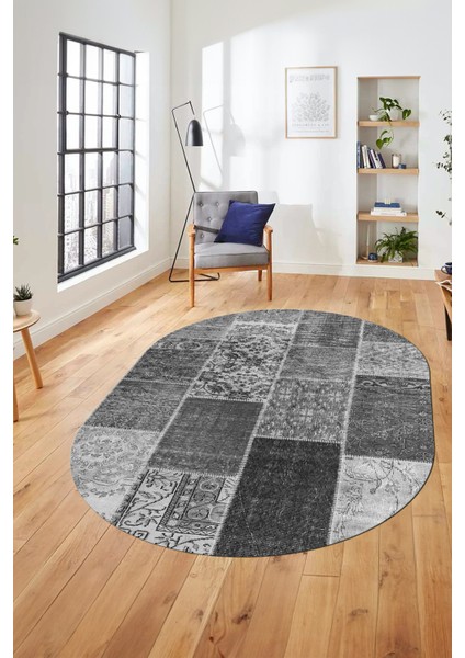 Baskılı Kaymaz Taban Yıkanabilir Patchwork Desen Oval Yolluk Salon Halısı, O-Patchwork-01-Gri,