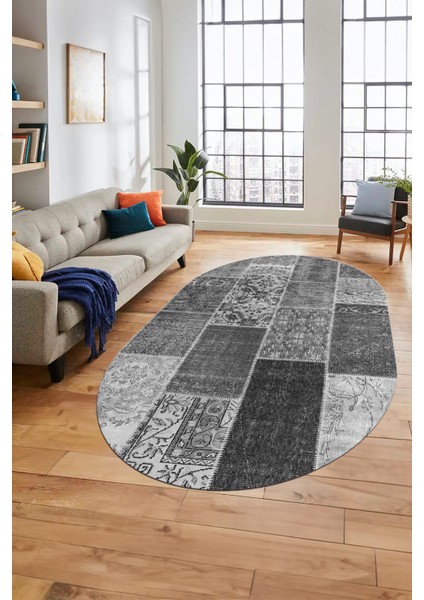 Baskılı Kaymaz Taban Yıkanabilir Patchwork Desen Oval Yolluk Salon Halısı, O-Patchwork-01-Gri,