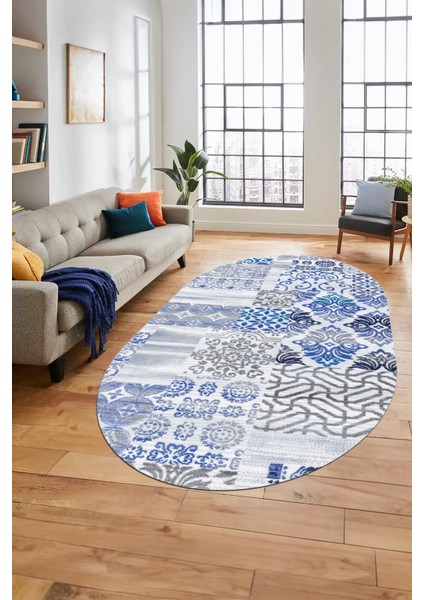 Baskılı Kaymaz Taban Yıkanabilir Patchwork Desen Oval Yolluk Salon Halısı, O-Patchwork-02-Mavi,