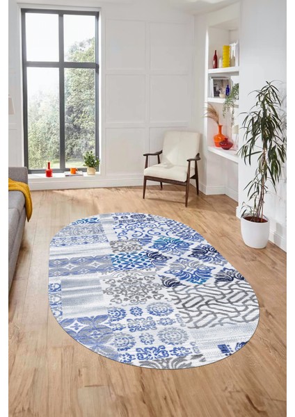 Baskılı Kaymaz Taban Yıkanabilir Patchwork Desen Oval Yolluk Salon Halısı, O-Patchwork-02-Mavi,