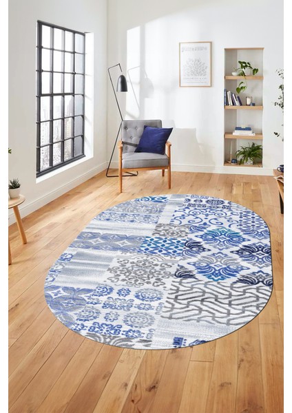 Baskılı Kaymaz Taban Yıkanabilir Patchwork Desen Oval Yolluk Salon Halısı, O-Patchwork-02-Mavi,