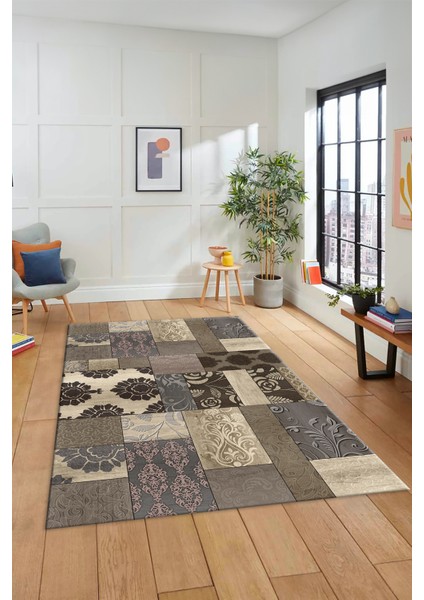 Dijital Kaymaz Taban Yıkanabilir Patchwork Desen Yolluk Mutfak Salon Halısı, Patchwork-16-Vizon,