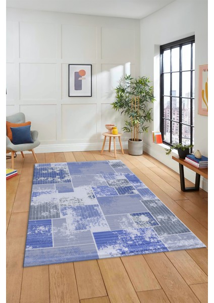 Dijital Kaymaz Taban Yıkanabilir Patchwork Desen Yolluk Mutfak Salon Halısı, Patchwork-20-Mavi,