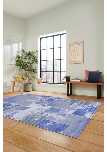Dijital Kaymaz Taban Yıkanabilir Patchwork Desen Yolluk Mutfak Salon Halısı, Patchwork-20-Mavi,
