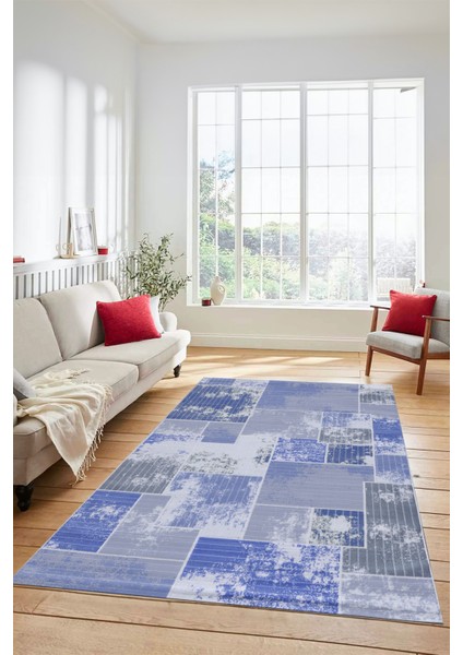Dijital Kaymaz Taban Yıkanabilir Patchwork Desen Yolluk Mutfak Salon Halısı, Patchwork-20-Mavi,