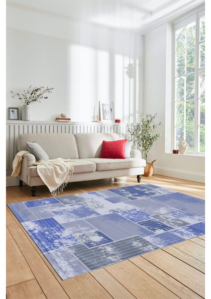 Dijital Kaymaz Taban Yıkanabilir Patchwork Desen Yolluk Mutfak Salon Halısı, Patchwork-20-Mavi,