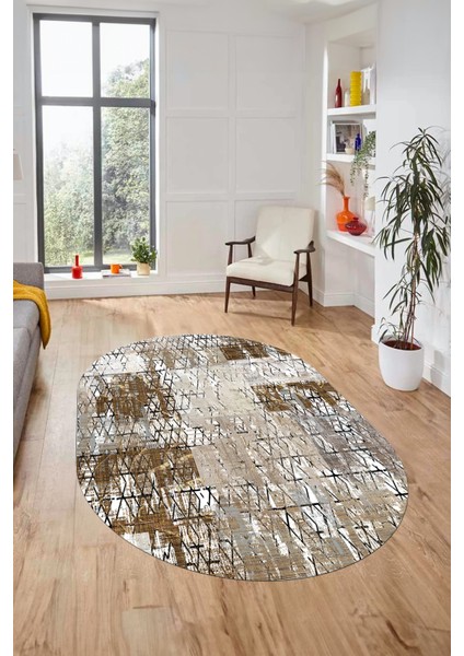 Baskılı Kaymaz Taban Yıkanabilir Patchwork Desen Oval Yolluk Salon Halısı, O-Patchwork-05-Kahve,