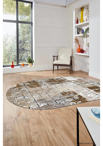 Baskılı Kaymaz Taban Yıkanabilir Patchwork Desen Oval Yolluk Salon Halısı, O-Patchwork-05-Kahve,