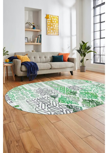 Baskılı Kaymaz Taban Yıkanabilir Patchwork Desen Oval Yolluk Salon Halısı, O-Patchwork-02-Yeşil, fiyatları