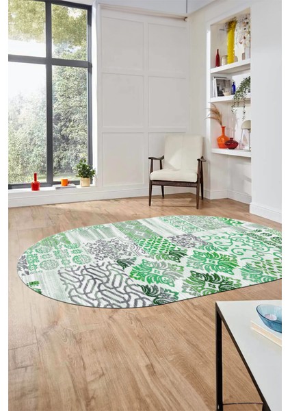 Baskılı Kaymaz Taban Yıkanabilir Patchwork Desen Oval Yolluk Salon Halısı, O-Patchwork-02-Yeşil, fırsatları
