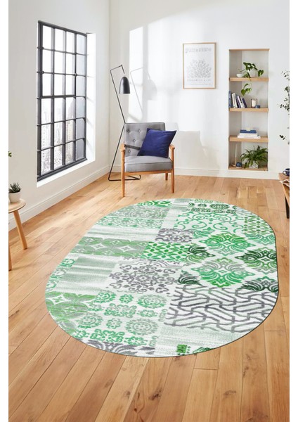 Baskılı Kaymaz Taban Yıkanabilir Patchwork Desen Oval Yolluk Salon Halısı, O-Patchwork-02-Yeşil, indirimleri