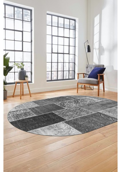 Baskılı Kaymaz Taban Yıkanabilir Patchwork Desen Oval Yolluk Salon Halısı, O-Patchwork-01-Gri, fiyatları