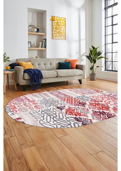 Baskılı Kaymaz Taban Yıkanabilir Patchwork Desen Oval Yolluk Salon Halısı, O-Patchwork-02-Kırmızı, fiyatları