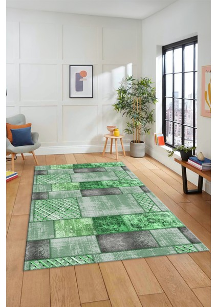 Dijital Kaymaz Taban Yıkanabilir Patchwork Desen Yolluk Mutfak Salon Halısı, Patchwork-18-Yeşil,