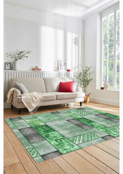 Dijital Kaymaz Taban Yıkanabilir Patchwork Desen Yolluk Mutfak Salon Halısı, Patchwork-18-Yeşil,