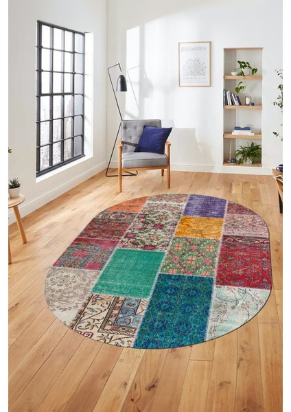 Baskılı Kaymaz Taban Yıkanabilir Patchwork Desen Oval Yolluk Salon Halısı, O-Patchwork-01-Renkli,