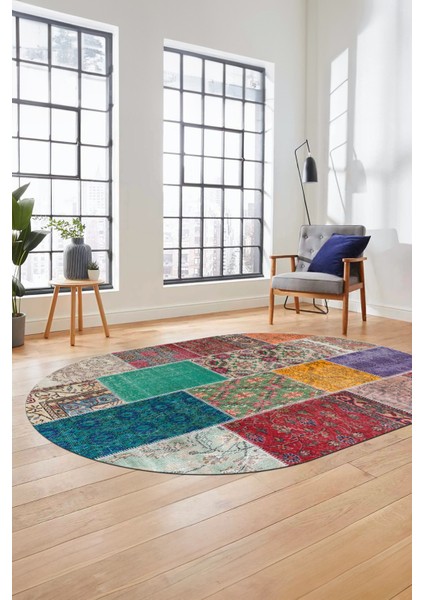 Baskılı Kaymaz Taban Yıkanabilir Patchwork Desen Oval Yolluk Salon Halısı, O-Patchwork-01-Renkli,