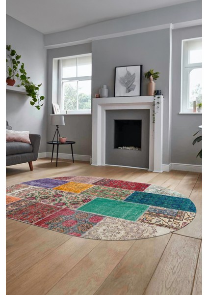 Baskılı Kaymaz Taban Yıkanabilir Patchwork Desen Oval Yolluk Salon Halısı, O-Patchwork-01-Renkli,