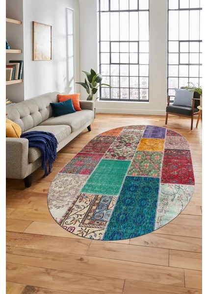 Baskılı Kaymaz Taban Yıkanabilir Patchwork Desen Oval Yolluk Salon Halısı, O-Patchwork-01-Renkli,