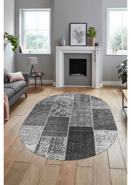 Baskılı Kaymaz Taban Yıkanabilir Patchwork Desen Oval Yolluk Salon Halısı, O-Patchwork-01-Gri, modelleri