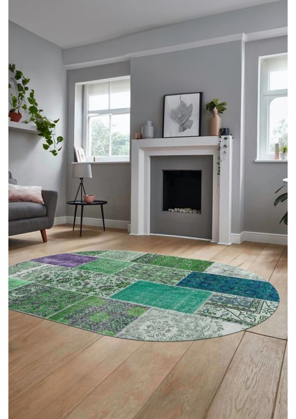 Baskılı Kaymaz Taban Yıkanabilir Patchwork Desen Oval Yolluk Salon Halısı, O-Patchwork-01-Yeşil, fırsatları