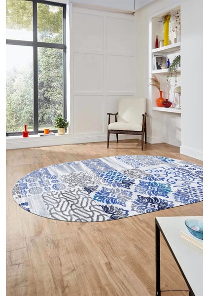 Baskılı Kaymaz Taban Yıkanabilir Patchwork Desen Oval Yolluk Salon Halısı, O-Patchwork-02-Mavi, fırsatları