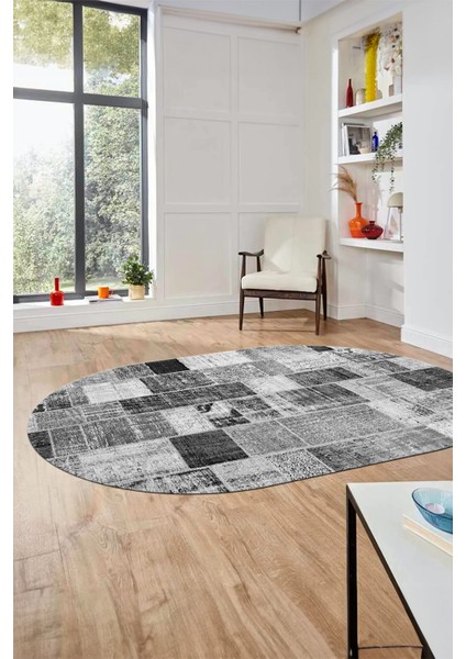 Baskılı Kaymaz Taban Yıkanabilir Patchwork Desen Oval Yolluk Salon Halısı, O-Patchwork-03-Gri,