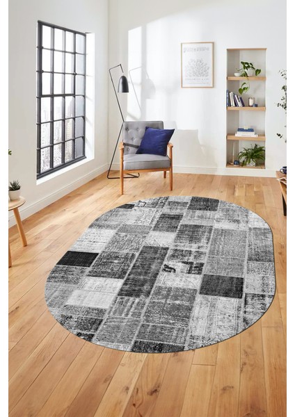Baskılı Kaymaz Taban Yıkanabilir Patchwork Desen Oval Yolluk Salon Halısı, O-Patchwork-03-Gri,
