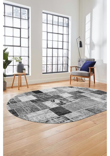 Baskılı Kaymaz Taban Yıkanabilir Patchwork Desen Oval Yolluk Salon Halısı, O-Patchwork-03-Gri,