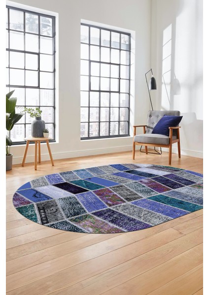 Baskılı Kaymaz Taban Yıkanabilir Patchwork Desen Oval Yolluk Salon Halısı, O-Patchwork-10-Mavi,