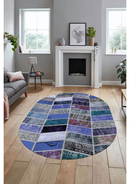 Baskılı Kaymaz Taban Yıkanabilir Patchwork Desen Oval Yolluk Salon Halısı, O-Patchwork-10-Mavi,