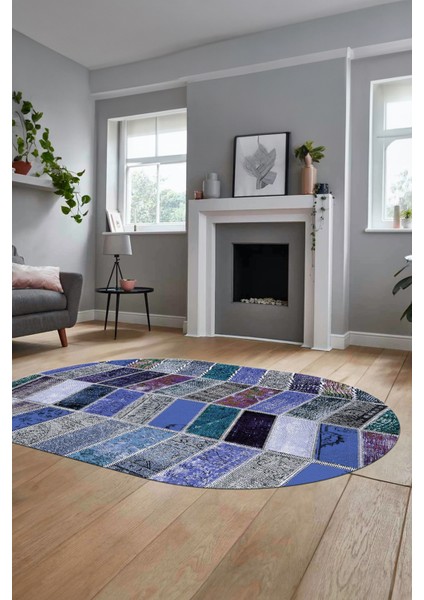 Baskılı Kaymaz Taban Yıkanabilir Patchwork Desen Oval Yolluk Salon Halısı, O-Patchwork-10-Mavi,