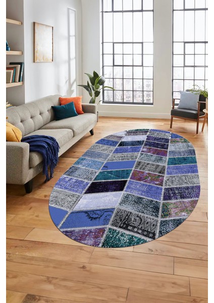 Baskılı Kaymaz Taban Yıkanabilir Patchwork Desen Oval Yolluk Salon Halısı, O-Patchwork-10-Mavi,