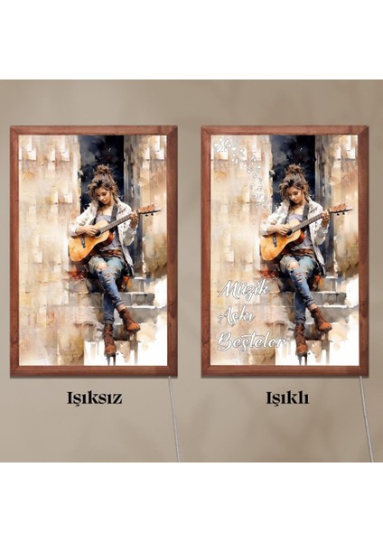 Işıklı Pleksi Müzik Temalı Sürpriz Tablo Gitar Çalan Kız Dekoratif Ayaklı Biblo