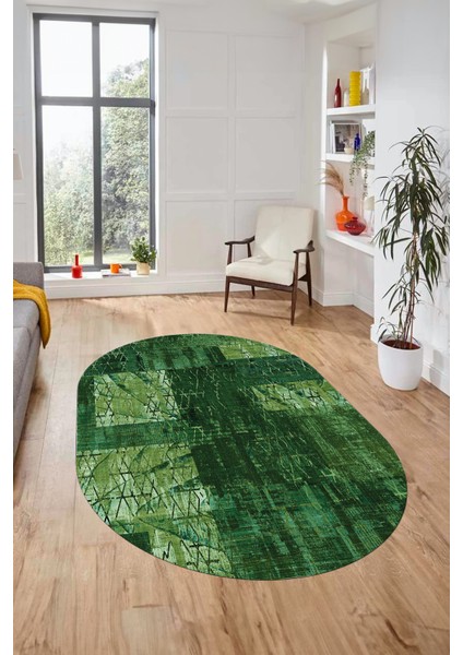 Baskılı Kaymaz Taban Yıkanabilir Patchwork Desen Oval Yolluk Salon Halısı, O-Patchwork-05-Yeşil,