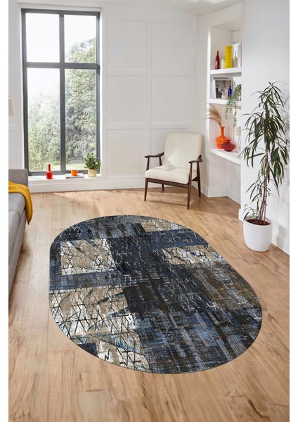 Baskılı Kaymaz Taban Yıkanabilir Patchwork Desen Oval Yolluk Salon Halısı, O-Patchwork-05-Mavi,