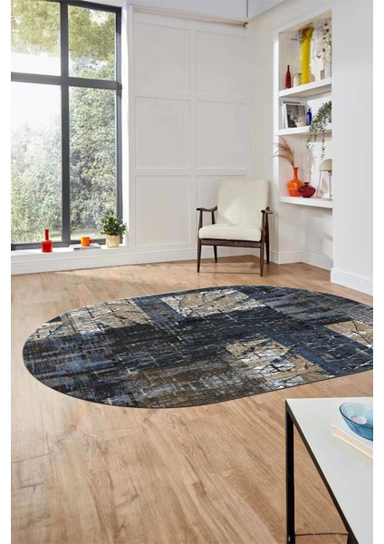 Baskılı Kaymaz Taban Yıkanabilir Patchwork Desen Oval Yolluk Salon Halısı, O-Patchwork-05-Mavi,